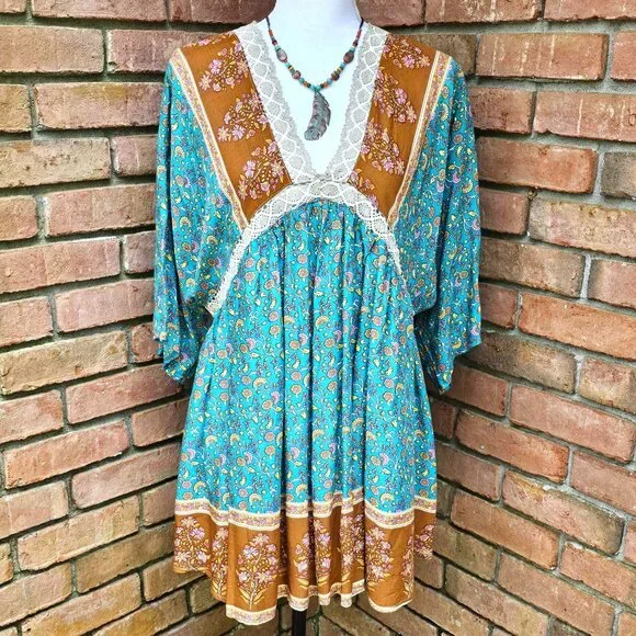 GiGiO Brand Dress Teal Multi Floral Print Crochet Trim Size Small - Picture 2 of 10